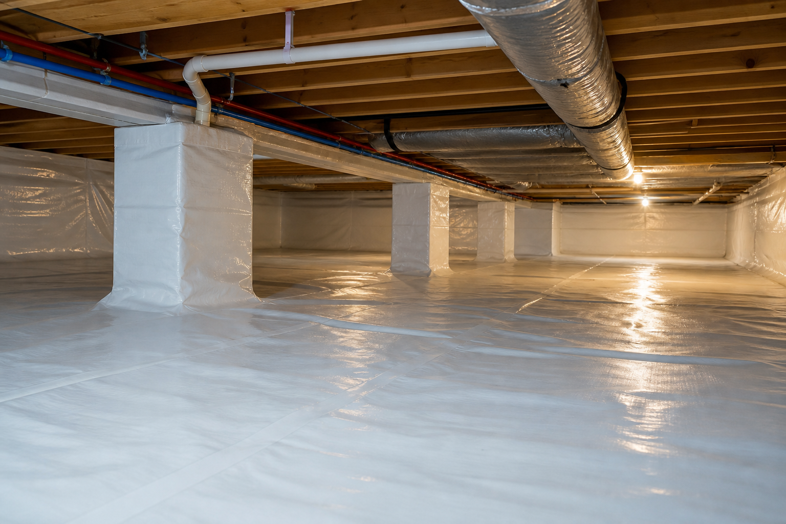 Finished crawlspace encapsulation with wrapped piers